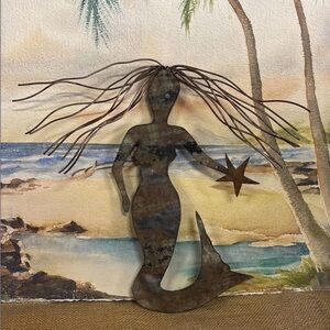 Beach • Mermaid 13” Rustic Metal Wall Art with Star - Beach Coastal Home Decor